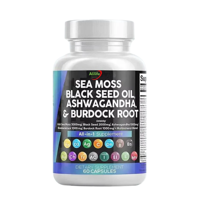 Sea Moss 3000mg Black Seed Oil 2000mg Ashwagandha 1000mg Turmeric 1000mg Bladderwrack 1000mg Burdock 1000mg, Vitamin C Vitamin D3 with Elderberry Manuka Dandelion Yellow Dock by Alilife Nutrition.