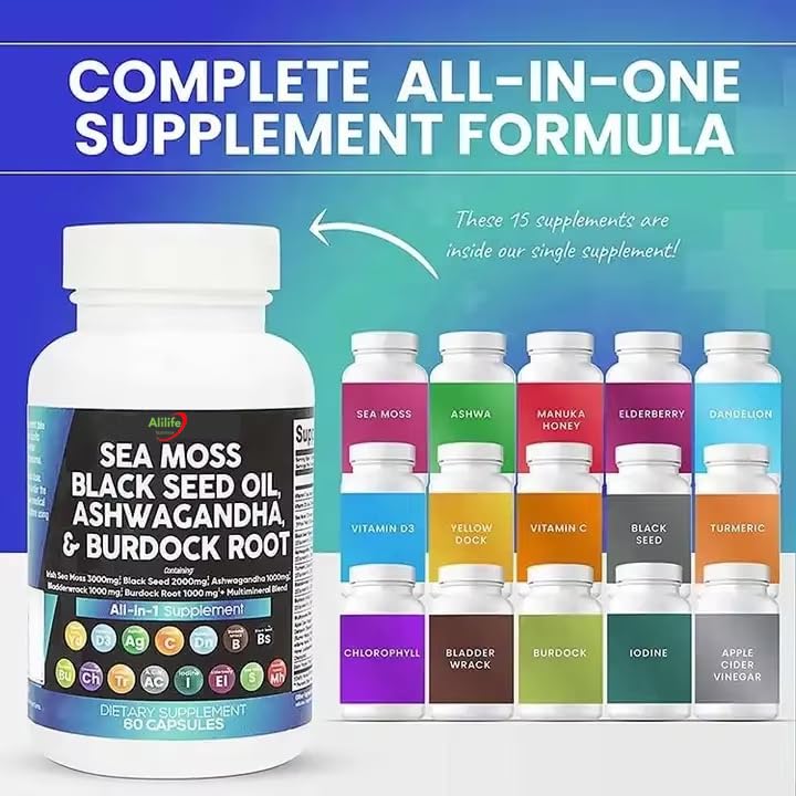 Sea Moss 3000mg Black Seed Oil 2000mg Ashwagandha 1000mg Turmeric 1000mg Bladderwrack 1000mg Burdock 1000mg, Vitamin C Vitamin D3 with Elderberry Manuka Dandelion Yellow Dock by Alilife Nutrition.